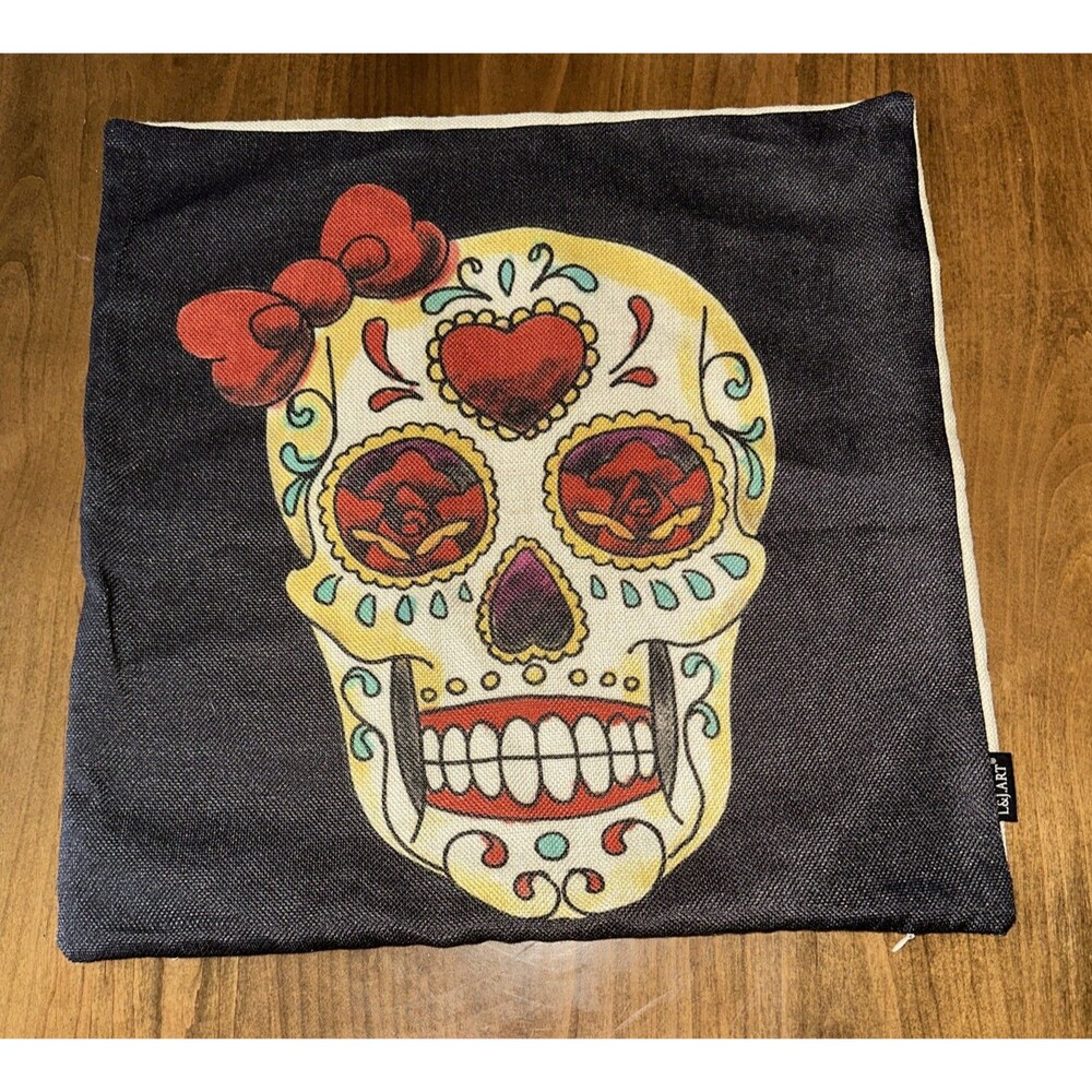 Day of the Dead Sugar Skull Black Red Bow Pillow Cover Diade Muertos 17 X17